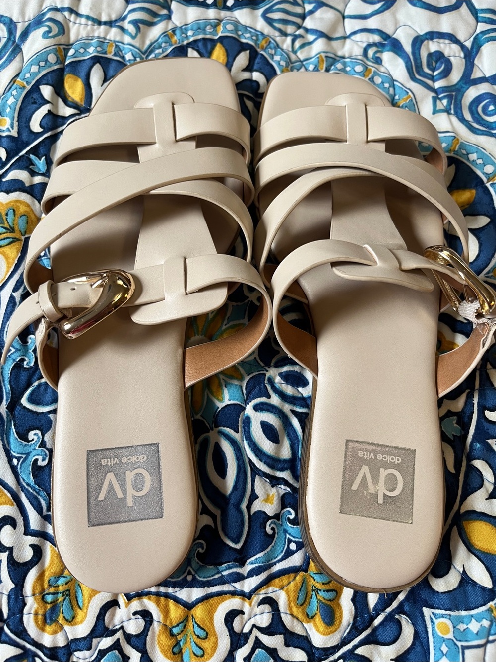DV by Dolce Vita Neutral Beige Strappy Sandals with Gold Buckle